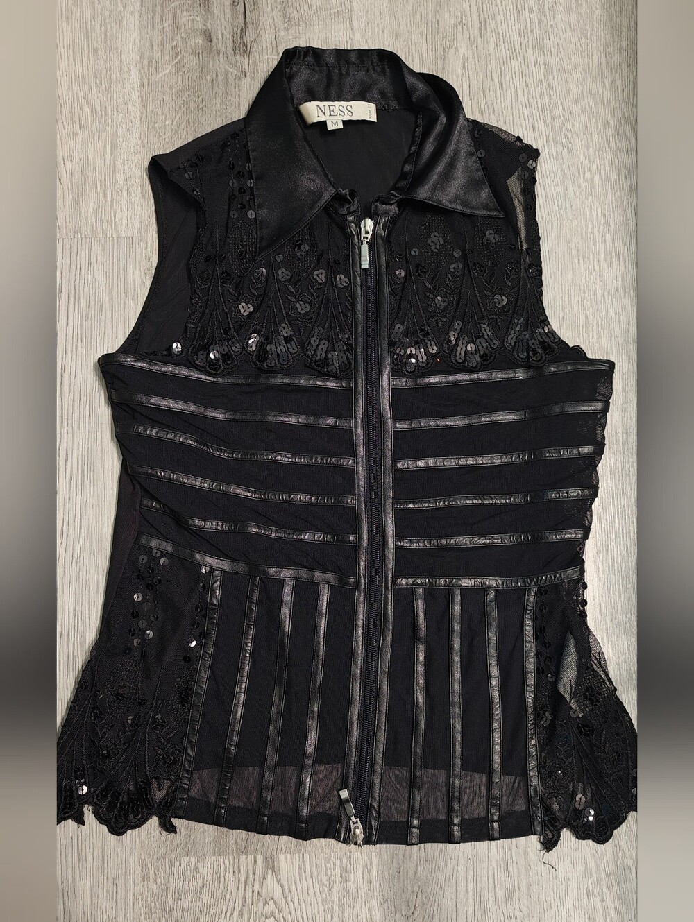 Vintage Ness Black Sheer Sequin Zip Up Goth Vest Size M